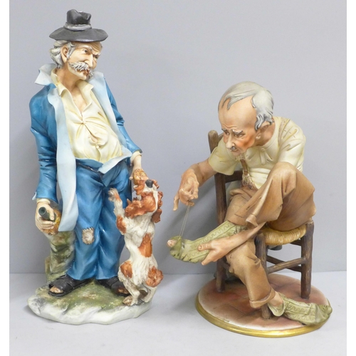 780 - Two Capodimonte figures, man mending his sock and man with dog, both signed