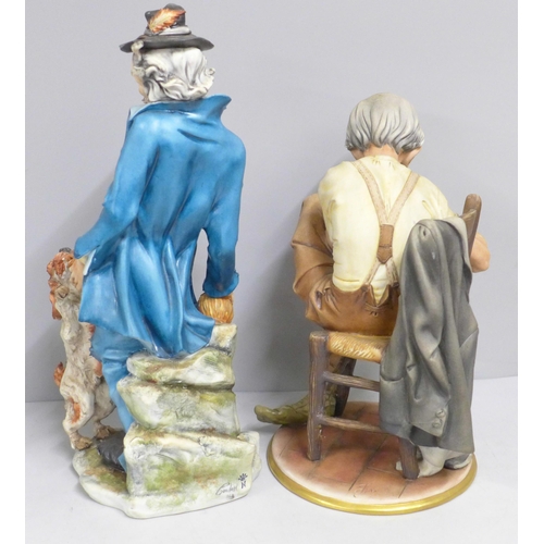 780 - Two Capodimonte figures, man mending his sock and man with dog, both signed