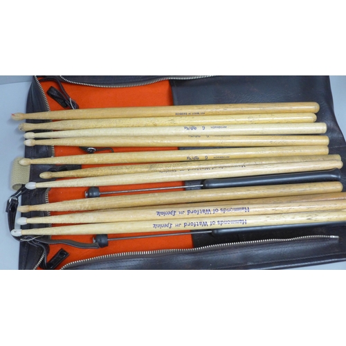 782 - A vintage professional Pearl drumstick bag, complete with seven sets of drumsticks including Paiste ... 