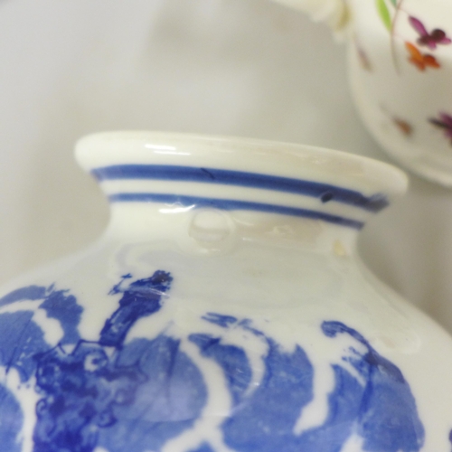 790 - A pair of blue and white vases and a pottery jug