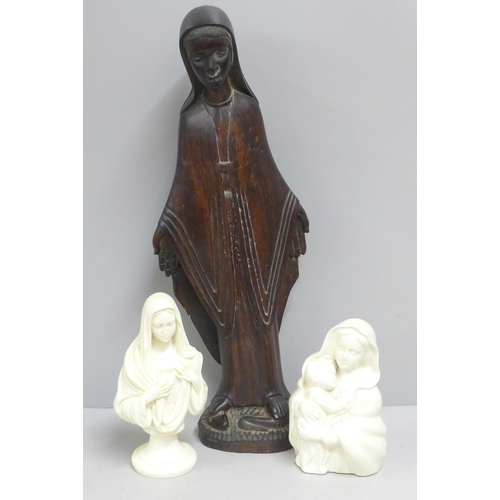 792 - Three religious figures, porcelain figure of by C. M. Nolan, Ireland (small chip) and carved wooden ... 