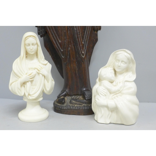 792 - Three religious figures, porcelain figure of by C. M. Nolan, Ireland (small chip) and carved wooden ... 