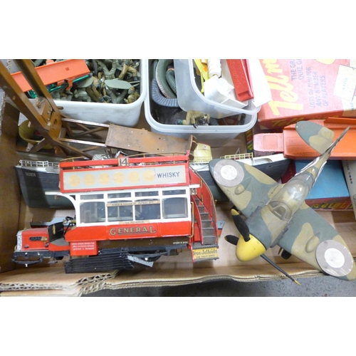 798 - A box of toys, games, models from 1960s onwards including plastic soldiers, rubber animals and snake... 