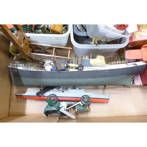 798 - A box of toys, games, models from 1960s onwards including plastic soldiers, rubber animals and snake... 