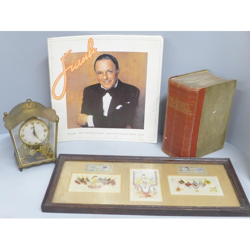 800 - A Frank Sinatra 1980 souvenir tour programme, a framed set of WWI needlework postcards, a Schatz bra... 