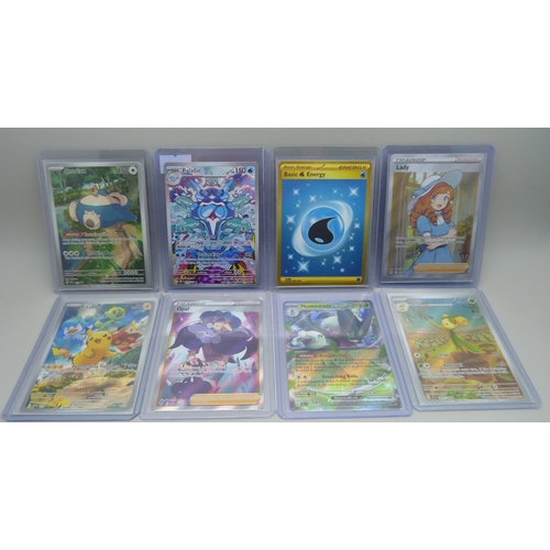 816 - Eight holographic Pokemon cards including full illustration artworks, Pikachu promo and secret rares... 