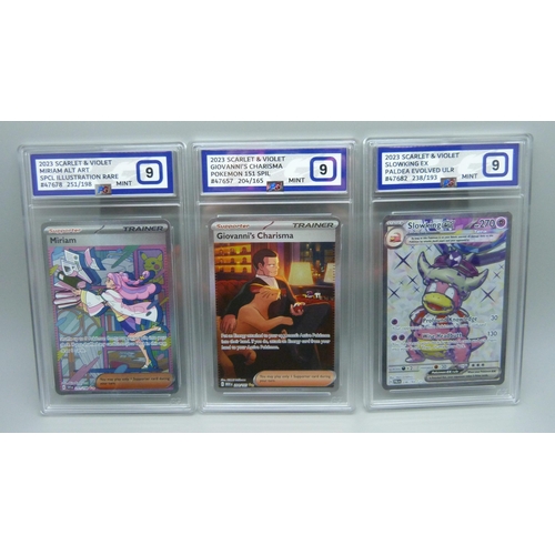 826 - Three graded scarlet and violet Pokemon cards, all graded 9