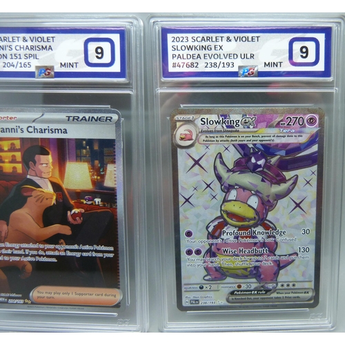 826 - Three graded scarlet and violet Pokemon cards, all graded 9