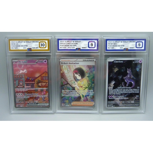 828 - Three graded scarlet and violet Pokemon cards, graded 10 and 9 including Mew and Mewturo