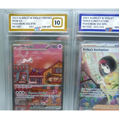 828 - Three graded scarlet and violet Pokemon cards, graded 10 and 9 including Mew and Mewturo