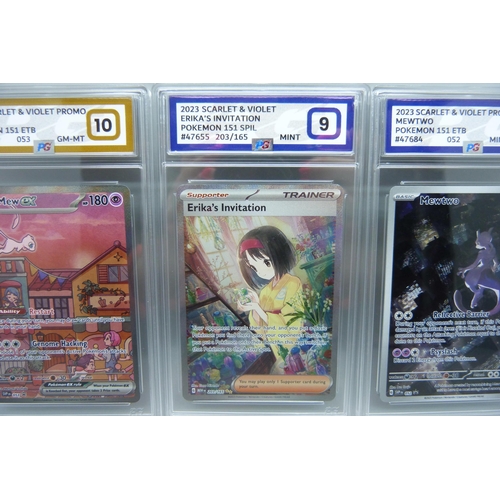 828 - Three graded scarlet and violet Pokemon cards, graded 10 and 9 including Mew and Mewturo