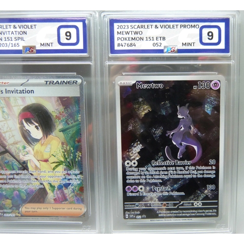 828 - Three graded scarlet and violet Pokemon cards, graded 10 and 9 including Mew and Mewturo