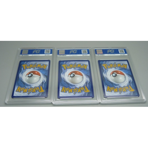 828 - Three graded scarlet and violet Pokemon cards, graded 10 and 9 including Mew and Mewturo