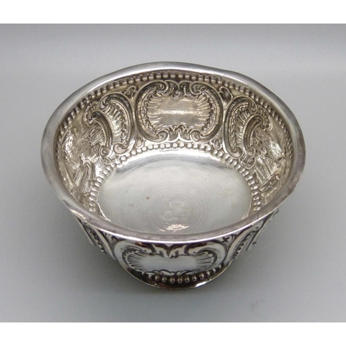 834 - An embossed silver Dutch bowl, import marks for London 1898, 64g, diameter 9cm, rim a/f