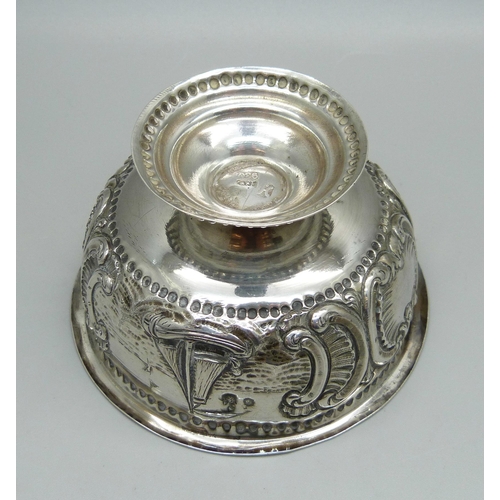 834 - An embossed silver Dutch bowl, import marks for London 1898, 64g, diameter 9cm, rim a/f