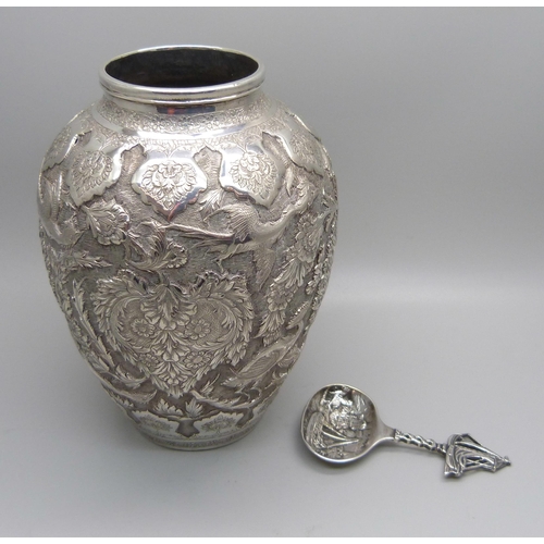 840 - A Persian-Iranian white metal vase with bird detail, mark on the base, and a Herbertus Hooijkaas Dut... 