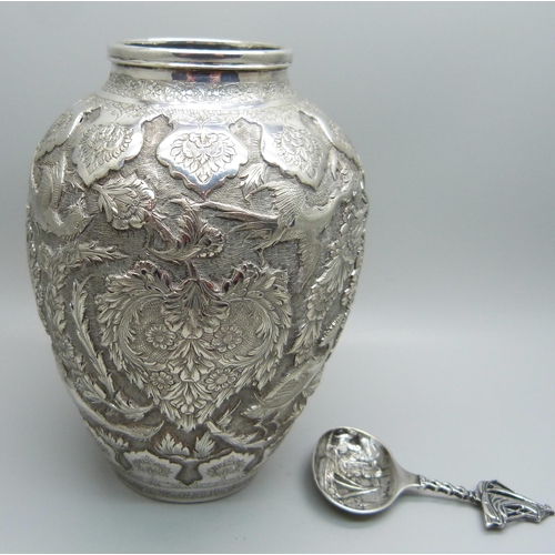 840 - A Persian-Iranian white metal vase with bird detail, mark on the base, and a Herbertus Hooijkaas Dut... 