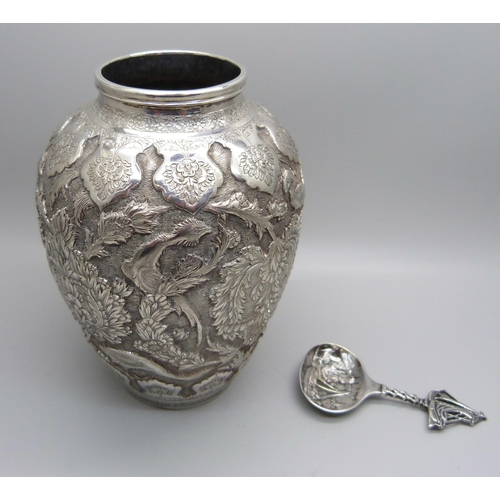 840 - A Persian-Iranian white metal vase with bird detail, mark on the base, and a Herbertus Hooijkaas Dut... 