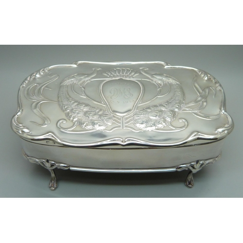 844 - An Art Nouveau silver jewellery box, Birmingham 1902, with later inscription, 21cm wide