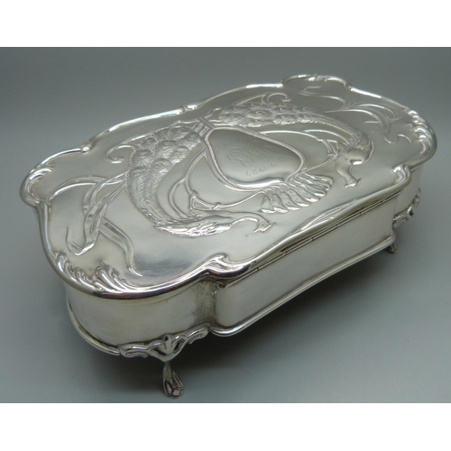 844 - An Art Nouveau silver jewellery box, Birmingham 1902, with later inscription, 21cm wide