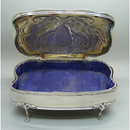 844 - An Art Nouveau silver jewellery box, Birmingham 1902, with later inscription, 21cm wide