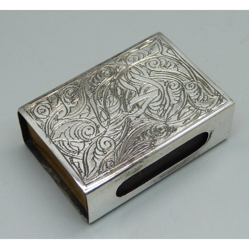 854 - A white metal match box holder, Middle East mark