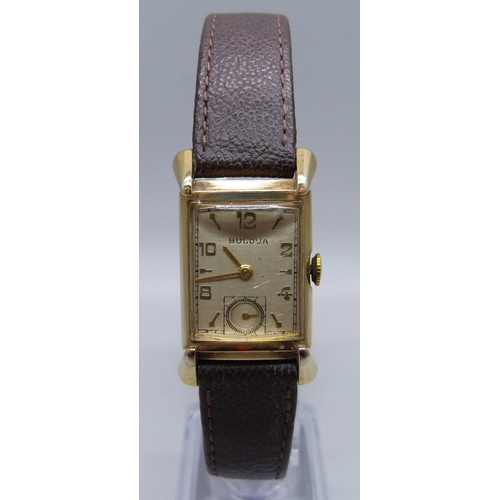 867 - An Art Deco 10k gold filled Bulova wristwatch, boxed, 20mm case