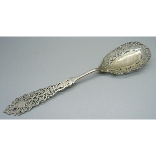 873 - A Victorian pierced silver spoon, London 1899, 63g, 25cm