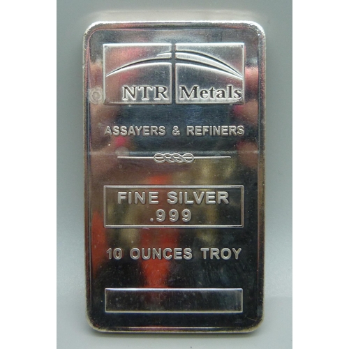 874 - A .999 fine silver bar/ingot, 10 ounces troy, 312.1g