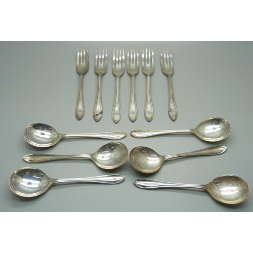 875 - Six silver fruit spoons and forks, 339g