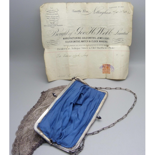 877 - An Art Deco silver mesh purse, Birmingham import mark for 1923, with original receipt dated 1924, 20... 