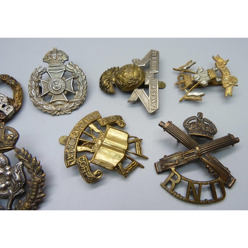 882 - Ten military regimental cap badges, including 9th and 12th Lancers, Queen's Own Worcestershire Hussa... 