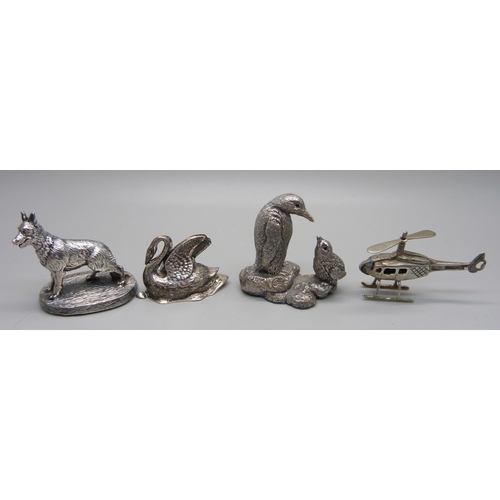 887 - Two sterling silver covered models of animals, a Victorian hallmarked silver model of a swan, Birmin... 