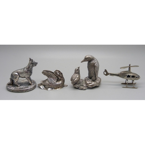 887 - Two sterling silver covered models of animals, a Victorian hallmarked silver model of a swan, Birmin... 