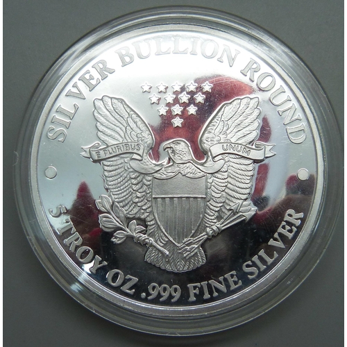 889 - A 5 Troy Oz. .999 fine Silver Bullion Round Liberty 2016 coin