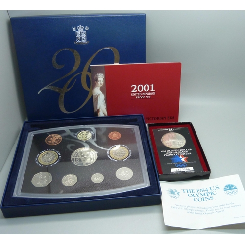 908 - A 1984 Olympics USA silver dollar proof quality and a 2001 United Kingdom proof set 'Glimpses of the... 