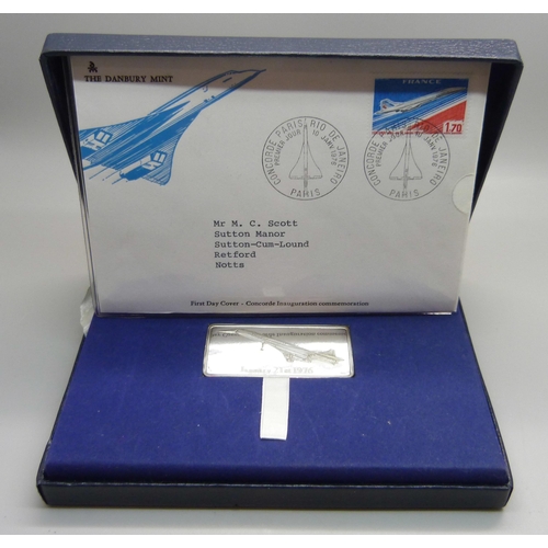 913 - A Concorde commemorative silver ingot, January 21st 1976 and first day cover, with certificate