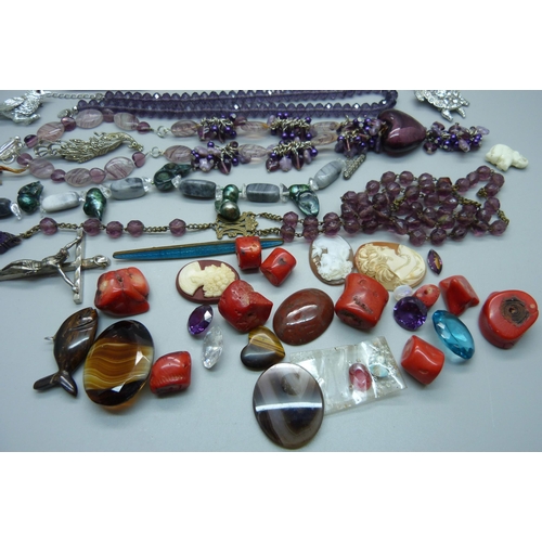 919 - Costume jewellery, loose stones including coral, cameos, etc.