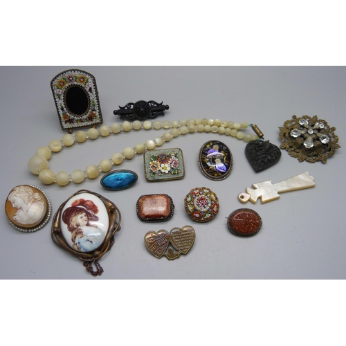 930 - A mico-mosaic picture frame, a gold stone brooch, mother of pearl necklace and vintage jewellery