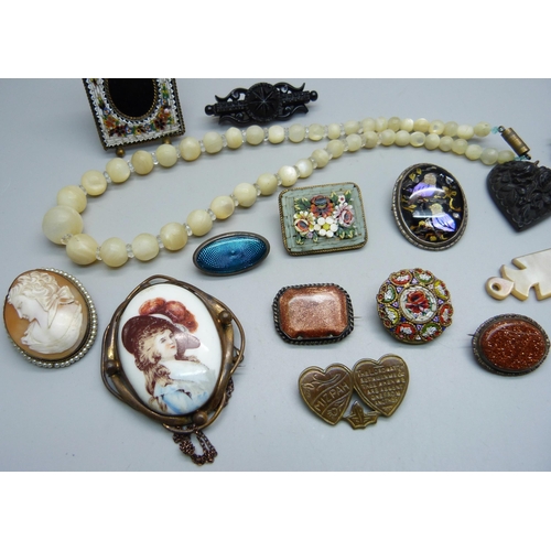 930 - A mico-mosaic picture frame, a gold stone brooch, mother of pearl necklace and vintage jewellery