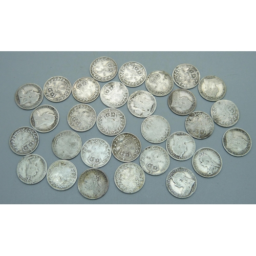 939 - Thirty Victorian 3d coins, various dates, 39.6g