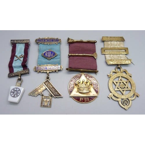 940 - Three Masonic silver medals and ribbons and one other Masonic medal, (silver weight with ribbons 100... 