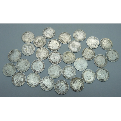 953 - Thirty Victorian 3d coins, various dates, 39.3g