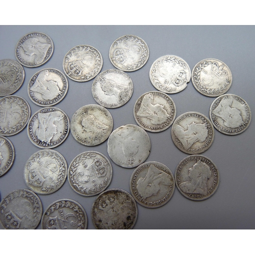 953 - Thirty Victorian 3d coins, various dates, 39.3g