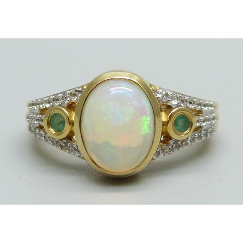 963 - A silver gilt Welo opal, emerald and zircon ring, M