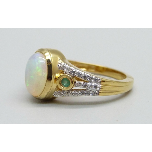 963 - A silver gilt Welo opal, emerald and zircon ring, M