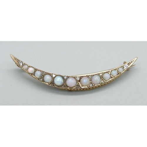 964 - A 9ct gold, opal and diamond crescent brooch, Chester 1903, 3g, 5cm