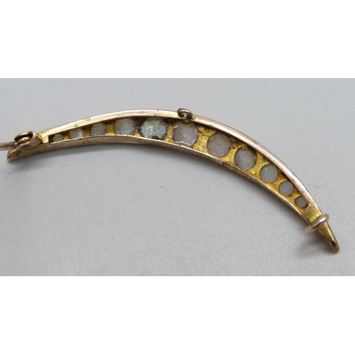 964 - A 9ct gold, opal and diamond crescent brooch, Chester 1903, 3g, 5cm