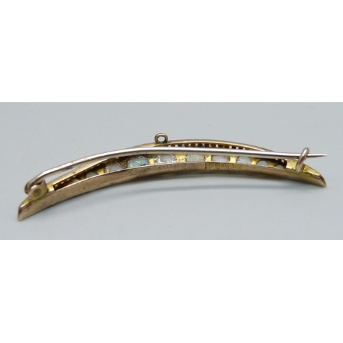 964 - A 9ct gold, opal and diamond crescent brooch, Chester 1903, 3g, 5cm