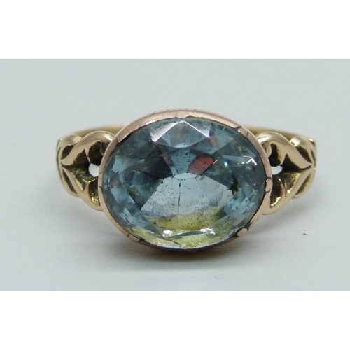 967 - A Victorian 15ct gold and blue stone solitaire ring, Chester 1892, 3.2g, K